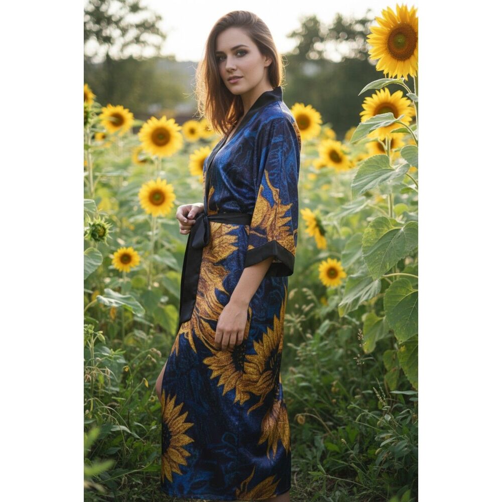 Cobalt Blue Yellow Sunflower Abstract | Phoenix Long Satin Kimono